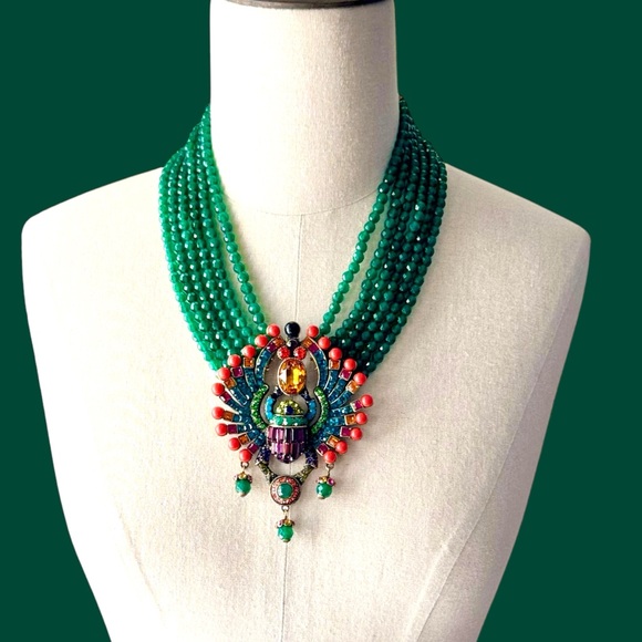 Heidi Daus Far Cry From Shy 6 Strand Green & Coral Bead Crystal Scarab Necklace - Picture 11 of 12
